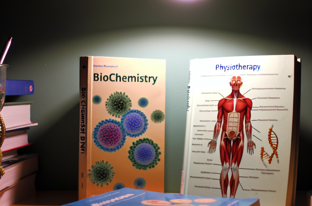 Imagen de Libros de bioquímica y fisioterapia en un escritorio, simbolizando la integración de ambas disciplinas.