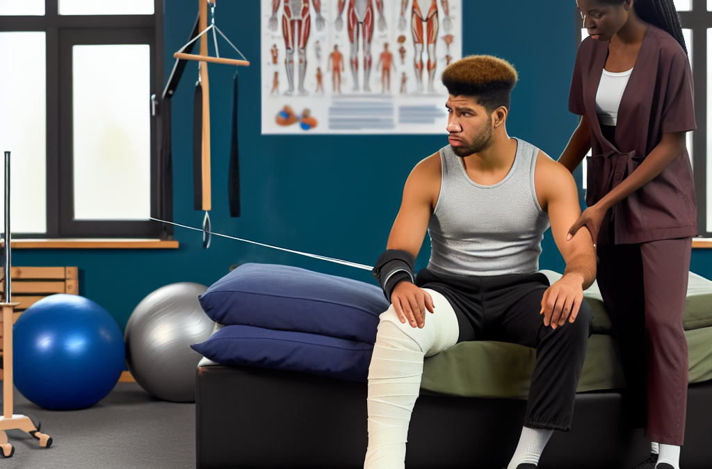 Imagen de Paciente con pierna rota durante una sesión de fisioterapia, mostrando ejercicios de rehabilitación.