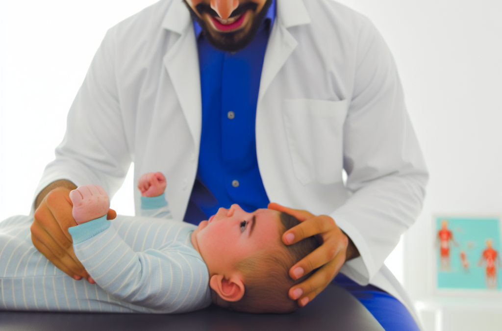 Un fisioterapeuta aplicando técnicas suaves para aliviar los cólicos de un bebé.