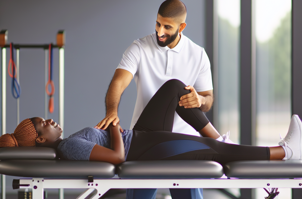 Imagen de una fisioterapeuta trabajando con un atleta.