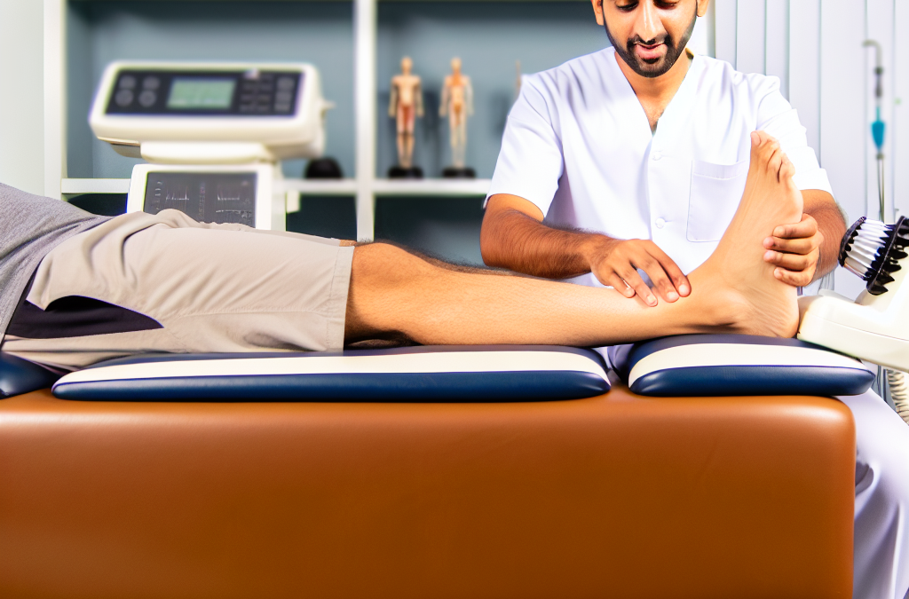 Un fisioterapeuta aplicando tratamiento especializado al pie de un paciente.