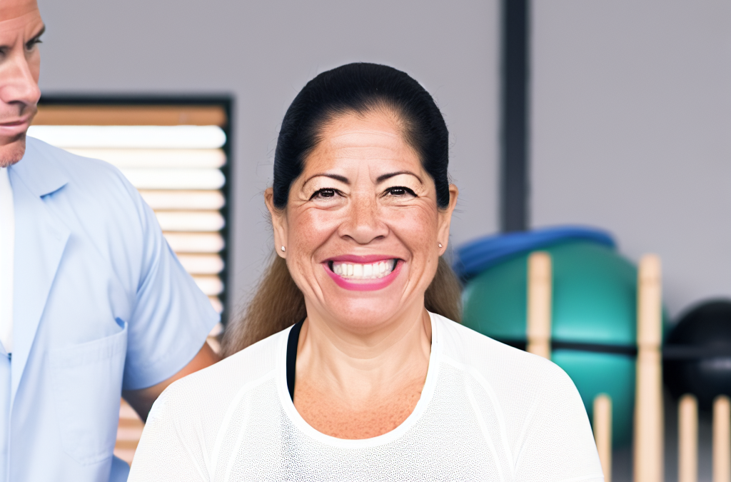 Imagen de Paciente sonriendo durante una sesión de fisioterapia, mostrando mejora.