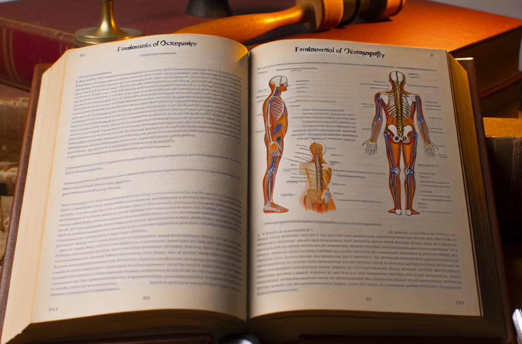 Imagen de Libro abierto sobre fundamentos de la osteopatía junto a herramientas de diagnóstico.