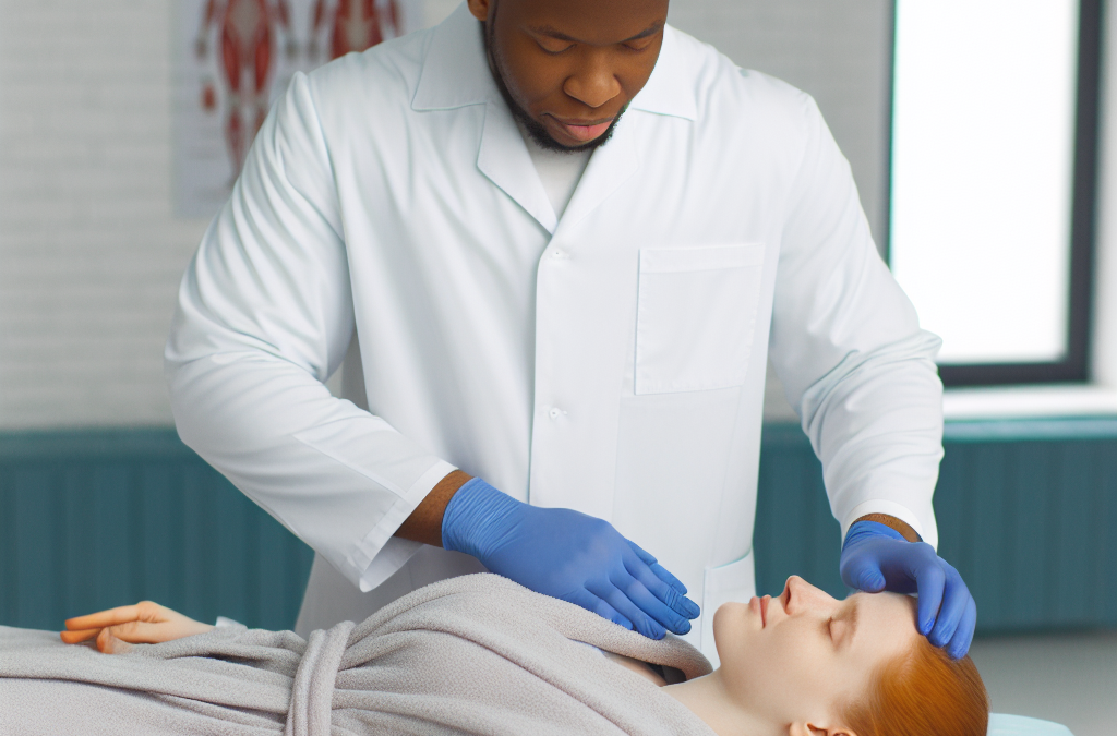 Imagen de Sesión de osteopatía craneal, mostrando técnicas específicas en la cabeza del paciente.