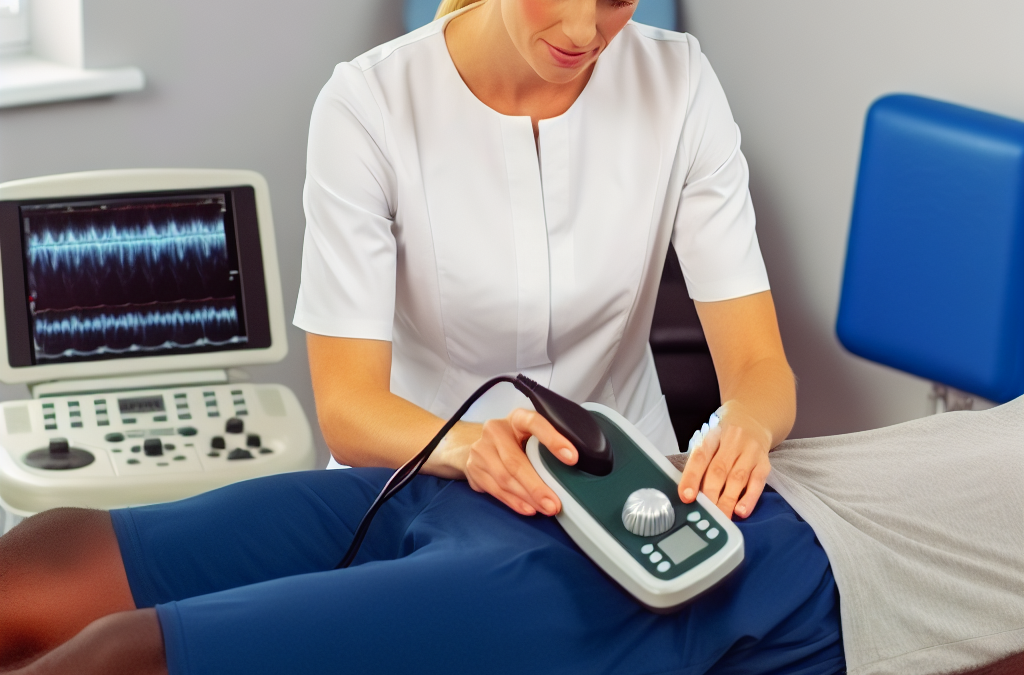 Imagen de Un fisioterapeuta usando un ultrasonido portátil en la terapia de un paciente.