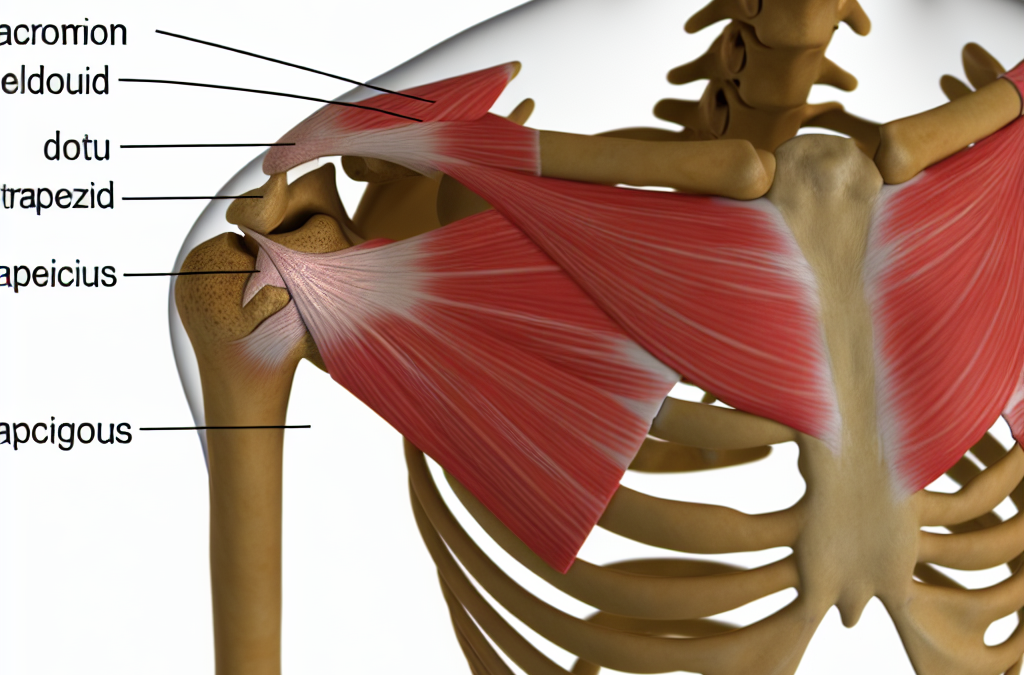 Crea una imagen de Diagrama anatómico del hombro destacando el acromion y su relación con los músculos circundantes.