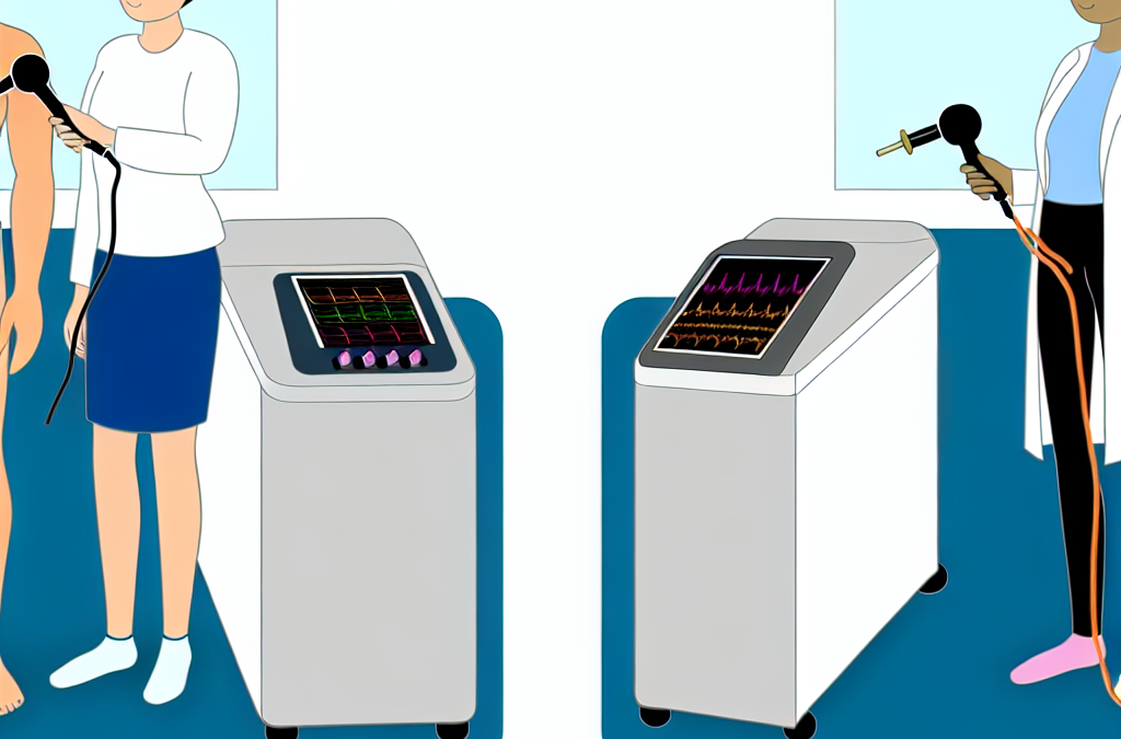 Crea una imagen de Dispositivos de diatermia capacitiva y resistiva lado a lado, mostrando su uso en terapia.