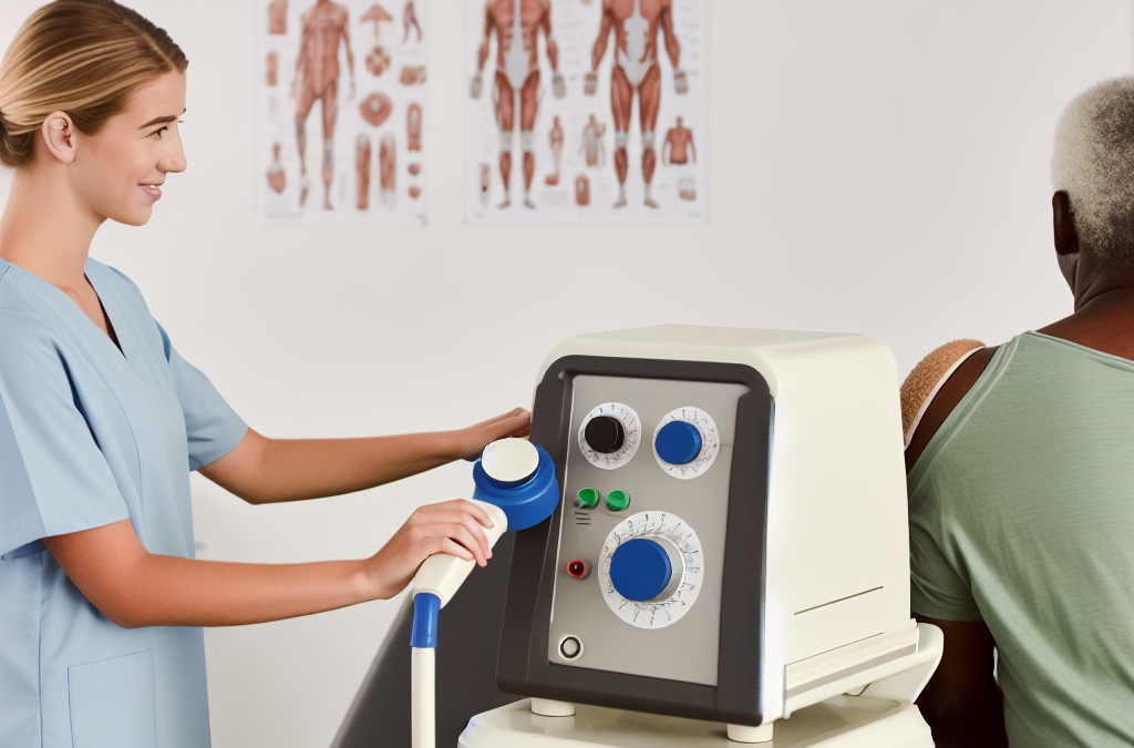 Crea una imagen de Equipo de diatermia siendo aplicado en una sesión de fisioterapia.