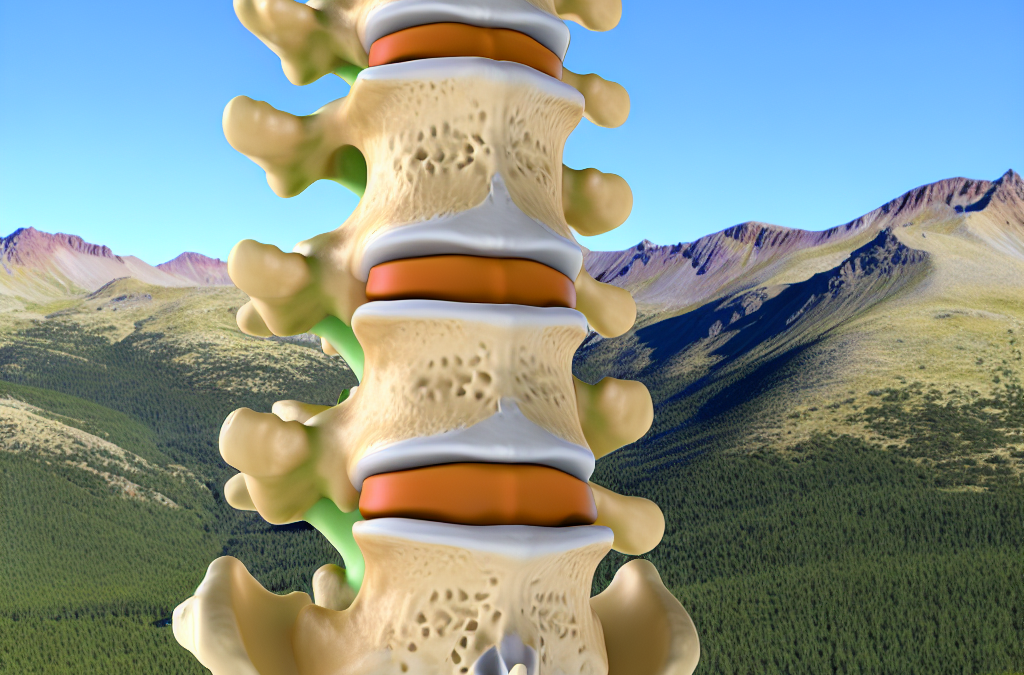 Crea una imagen de ilustrativa de la columna lumbar destacando la espondilosis, con la Sierra de Madrid al fondo.
