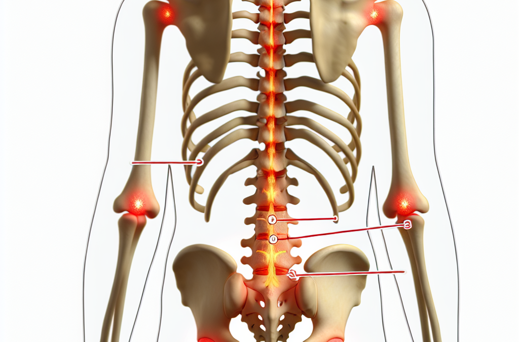 Crea una imagen de una columna vertebral destacando áreas afectadas por la espondilosis.
