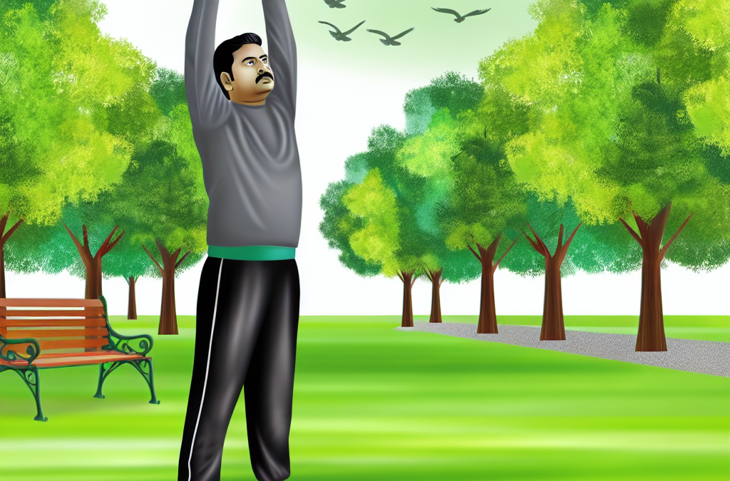 Crea una imagen de Persona realizando un estiramiento dorsal en un parque, demostrando técnica correcta.