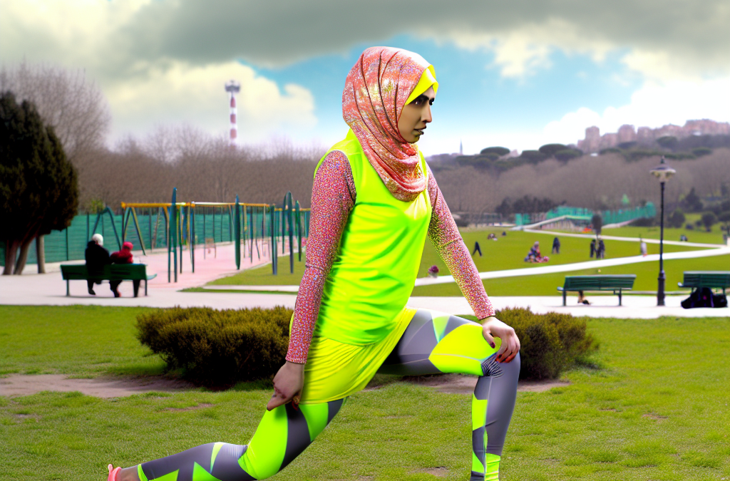Crea una imagen de Deportista practicando estiramientos de isquiotibiales en un parque de Las Rozas.