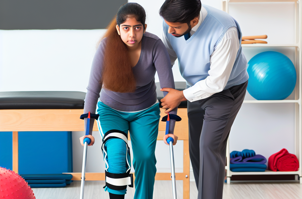 Crea una imagen de Paciente con hemiplejia participando en una sesión de fisioterapia para mejorar la movilidad.