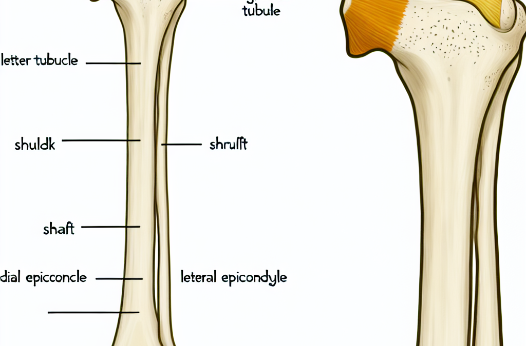 Crea una imagen de Esquema anatómico del húmero, mostrando su ubicación y estructura en el brazo.