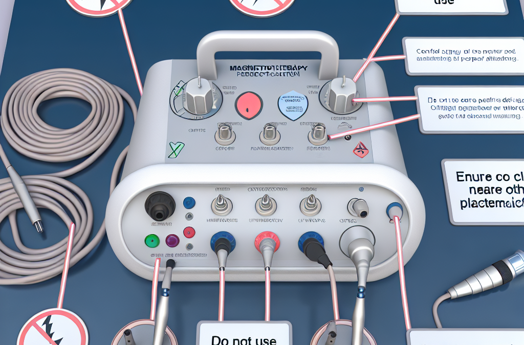 Crea una imagen de Equipo de magnetoterapia con indicaciones de uso seguro y contraindicaciones destacadas.
