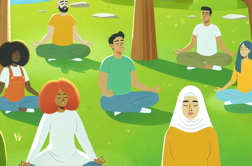 Crea una imagen de Grupo de personas participando en una sesión de MBSR al aire libre, practicando mindfulness.