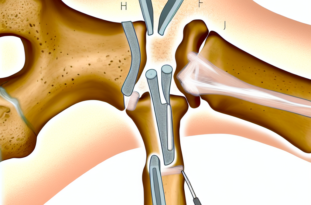 Crea una imagen de Proceso de osteosíntesis ilustrado, mostrando la fijación de una fractura.